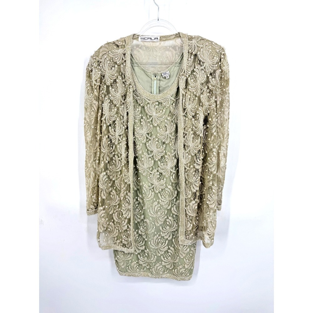 Vintage Scala Lace Beaded 2-Piece Dress Jacket Size XL Feminine Old Money Glam